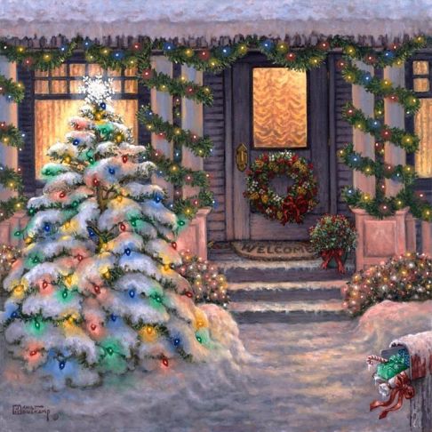 Christmas scene of front door and tree